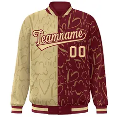 Crimson Khaki Graffiti Pattern Split Letterman Bomber Jacket 3