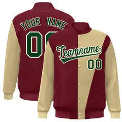 Crimson Khaki-Green Color Block Varsity Full-Snap Bomber Jacket