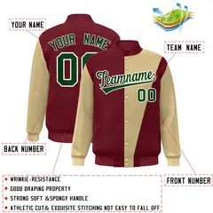 Crimson Khaki-Green Color Block Varsity Full-Snap Bomber Jacket 2