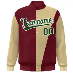 Crimson Khaki-Green Color Block Varsity Full-Snap Bomber Jacket 3