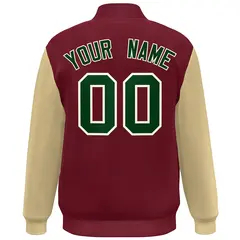 Crimson Khaki-Green Color Block Varsity Full-Snap Bomber Jacket 4