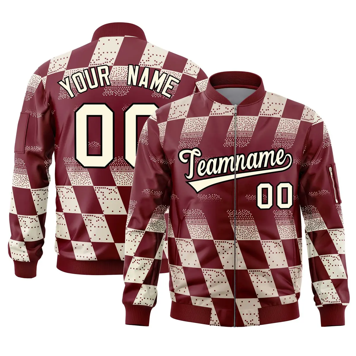 Crimson Khaki Grid Color Block Letterman Varsity Bomber Jacket