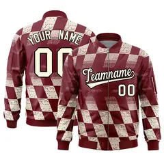 Crimson Khaki Grid Color Block Letterman Varsity Bomber Jacket