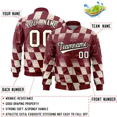 Crimson Khaki Grid Color Block Letterman Varsity Bomber Jacket 2