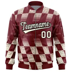 Crimson Khaki Grid Color Block Letterman Varsity Bomber Jacket 3
