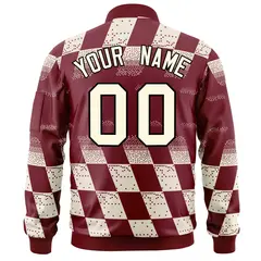 Crimson Khaki Grid Color Block Letterman Varsity Bomber Jacket 4