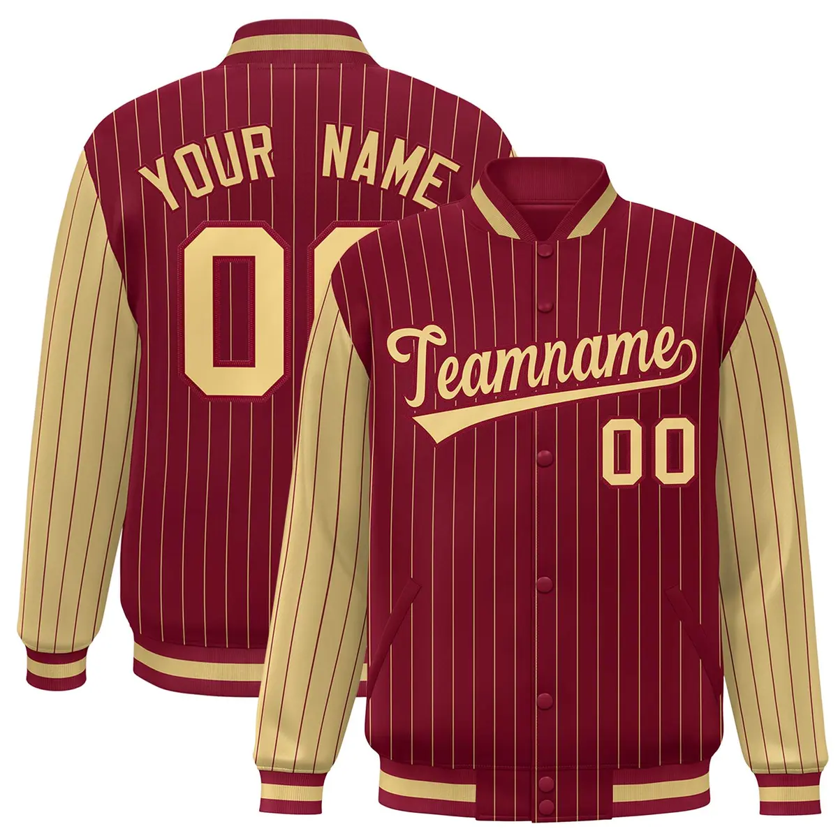 Crimson Khaki Pinstripe Raglan Varsity Letterman Baseball Jacket