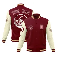 Crimson Khaki Raglan Full-Snap Varsity Letterman Baseball Jacket