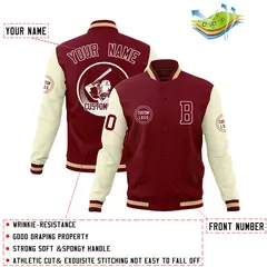 Crimson Khaki Raglan Full-Snap Varsity Letterman Baseball Jacket 4