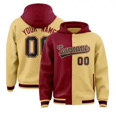 Crimson Khaki Split Two Tone Full-Snap Varsity Letterman Jacket Hoodie