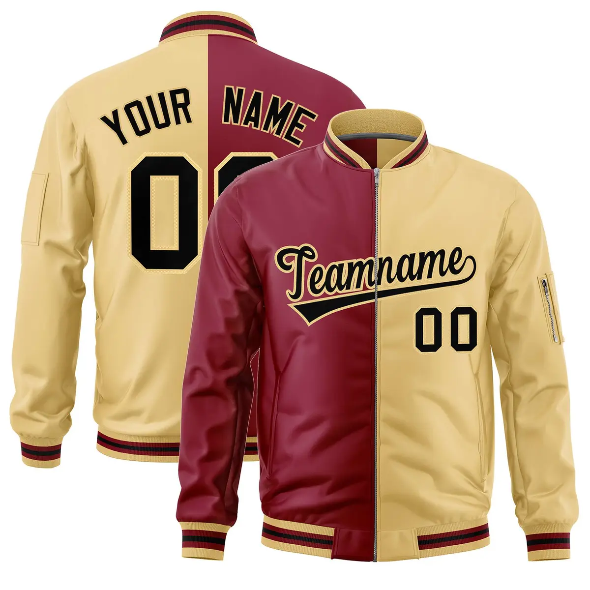 Crimson Khaki Two Tone Full-Zip Varsity Letterman Bomber Jacket