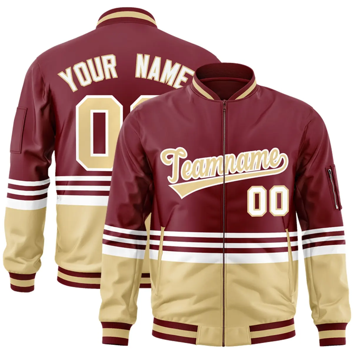 Crimson Khaki-White Color Block Varsity Letterman Bomber Jacket