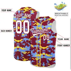 Crimson Light Blue Gold Camo Sleeveless Baseball Jersey 2