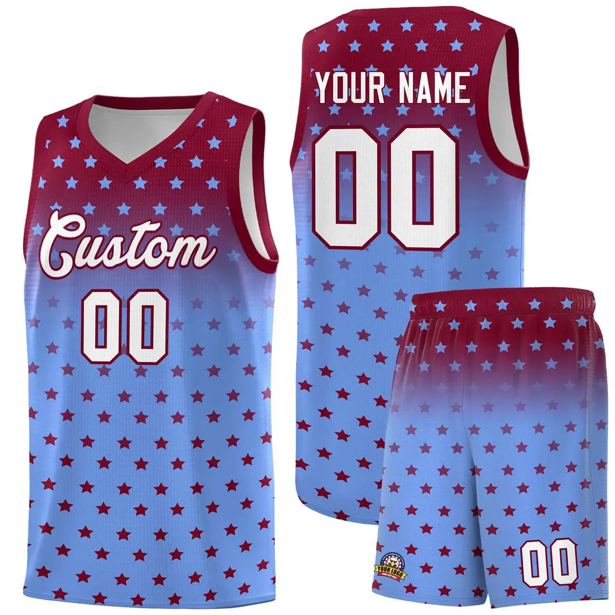 Crimson Light Blue Gradient Star Pattern Basketball Jersey Set