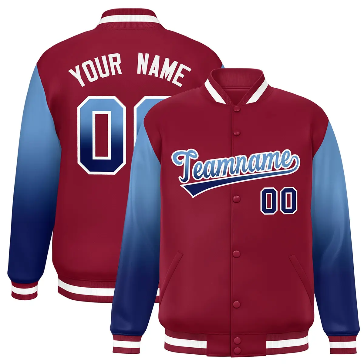Crimson Light Blue-Navy Gradient Varsity Full-Snap Raglan Baseball Jacket