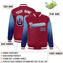 Crimson Light Blue-Navy Gradient Varsity Full-Snap Raglan Baseball Jacket 2