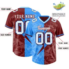 Crimson Light Blue Split Lightning Pattern Football Jersey 2