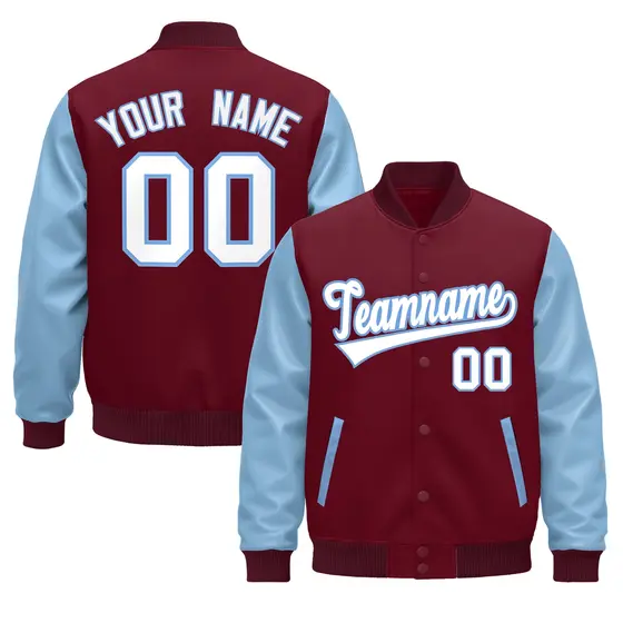 Crimson Light Blue White Varsity Full-Snap Letterman Jacket