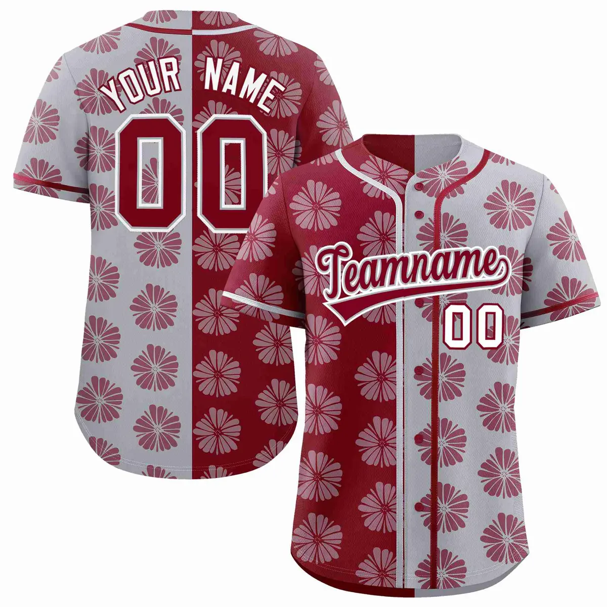 Crimson Light Gray Split Flower Graffiti Baseball Jersey
