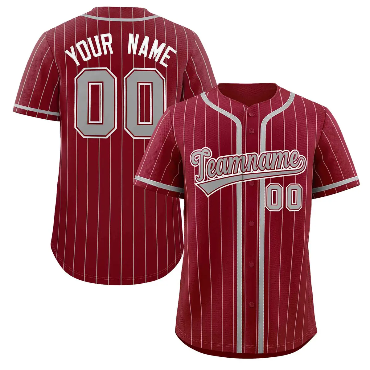 Crimson Light Gray Stripe Full Button Baseball Jersey