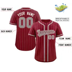 Crimson Light Gray Stripe Full Button Baseball Jersey 2