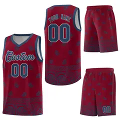 Crimson Midnight Blue Cashew Pattern Basketball Jersey 13