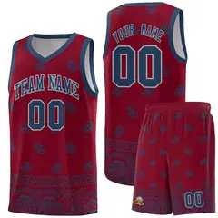 Crimson Midnight Blue Cashew Pattern Basketball Jersey 15