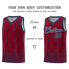 Crimson Midnight Blue Cashew Pattern Basketball Jersey 3