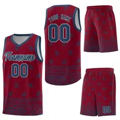 Crimson Midnight Blue Cashew Pattern Basketball Jersey 34