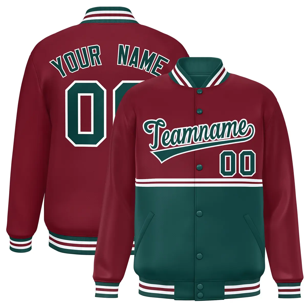 Crimson Midnight Green Color Block Varsity Full-Snap Letterman Jacket