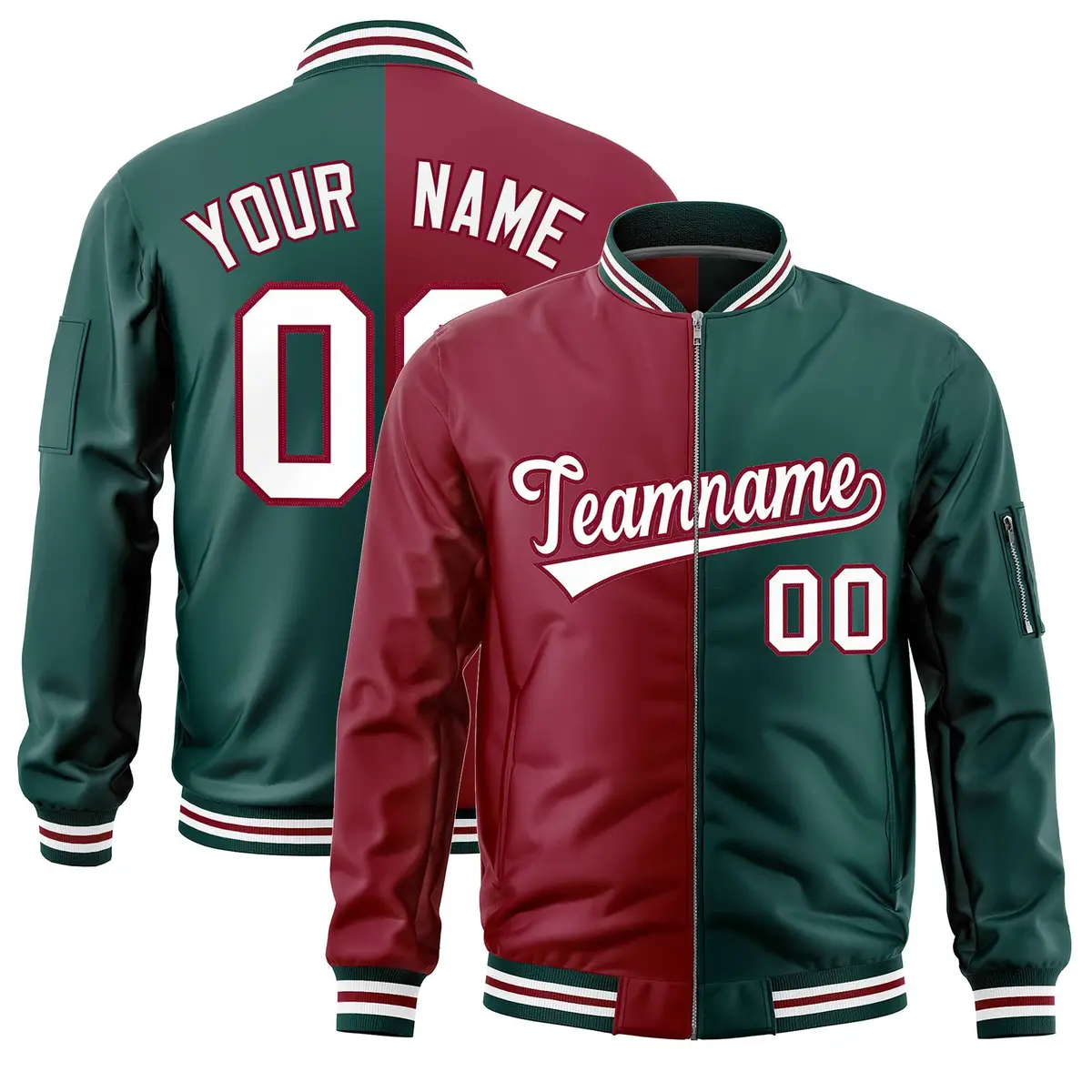 Crimson Midnight Green Two Tone Split Varsity Letterman Bomber Jacket