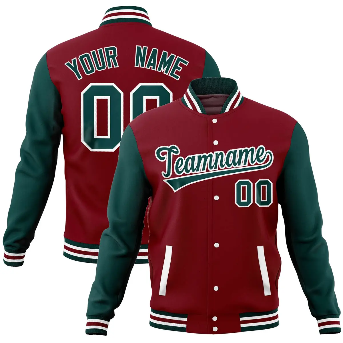 Crimson Midnight Green Varsity Raglan Sleeves Letterman Baseball Jacket