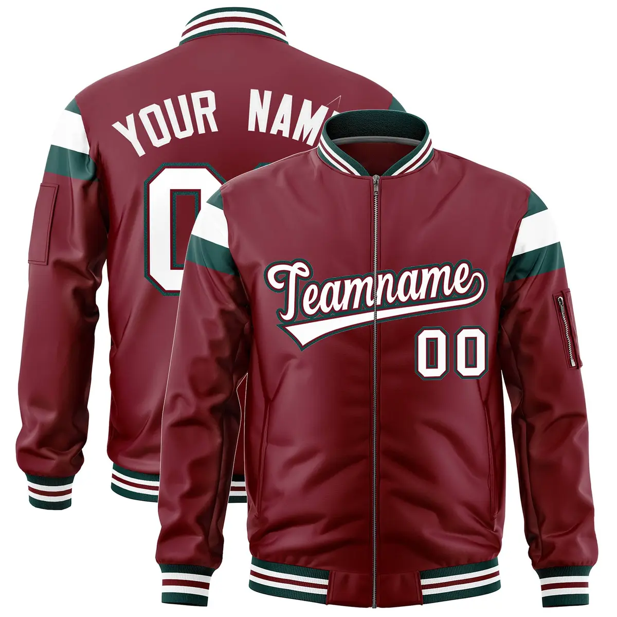 Crimson Midnight Green White Full-Zip Shoulder Block Letterman Bomber Jacket