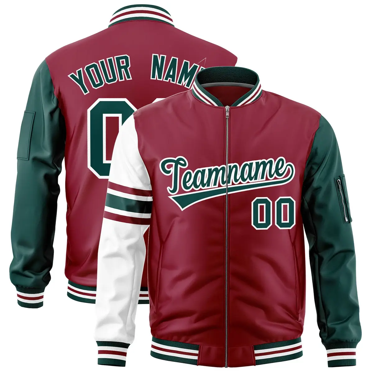 Crimson Midnight Green-White Stripe Varsity Letterman Bomber Jacket