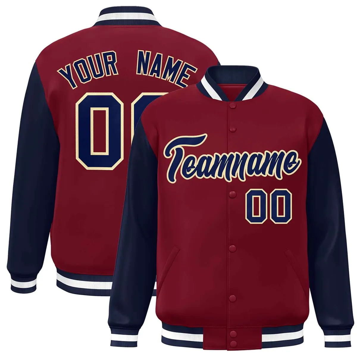 Crimson Navy-Khaki Raglan Varsity Full-Snap Letterman Jacket