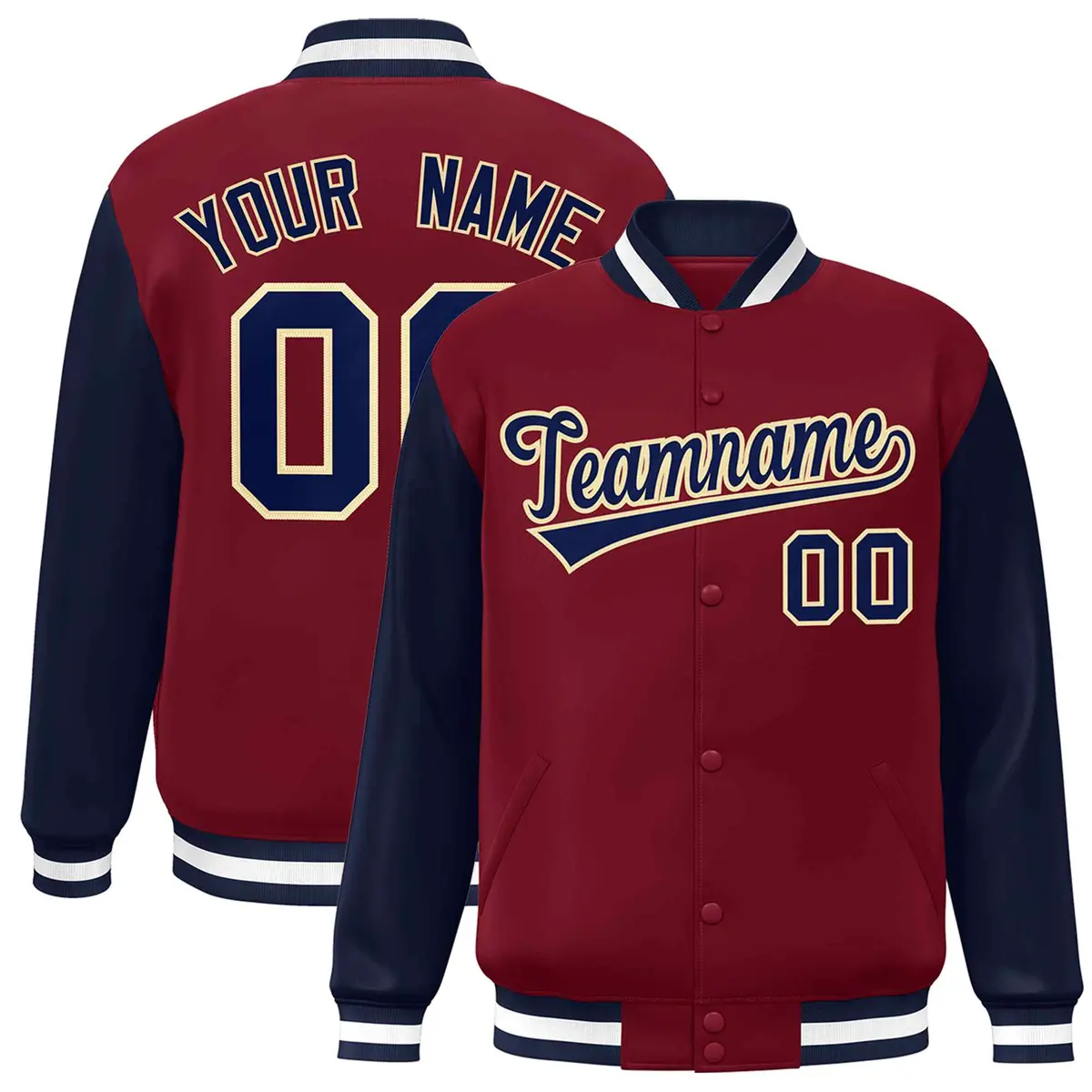 Crimson Navy-Khaki Raglan Varsity Full-Snap Letterman Jacket