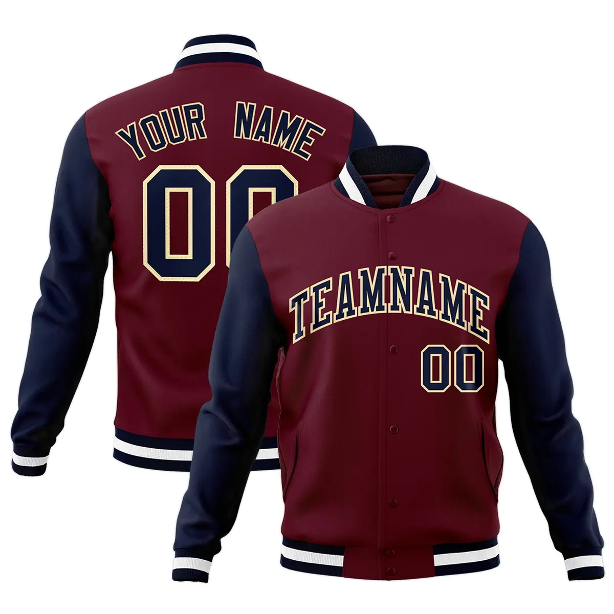 Crimson Navy-Khaki Raglan Varsity Full-Snap Letterman Jacket