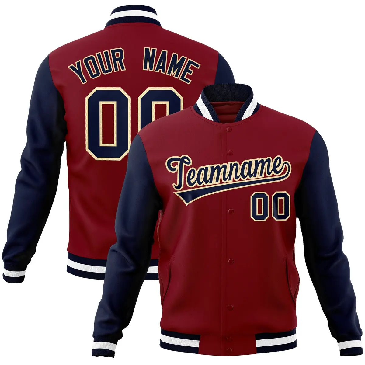 Crimson Navy-Khaki Raglan Varsity Full-Snap Letterman Jacket