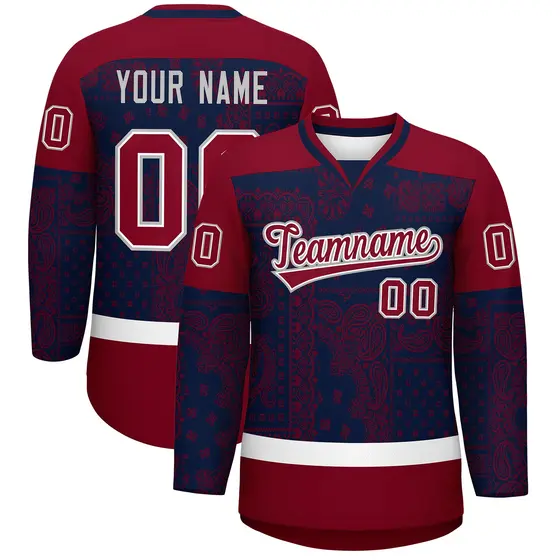 Crimson Navy White Cashew Flower Graffiti V-Neck Hockey Jersey