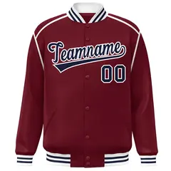 Crimson Navy-White Color Block Ribbon Varsity Full-Snap Bomber Jacket 3