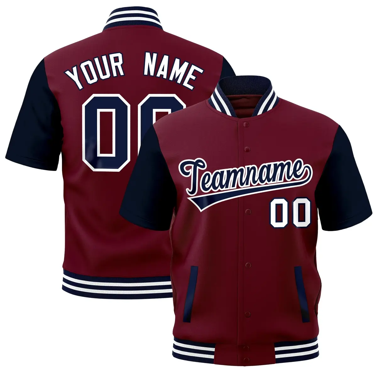 Crimson Navy White Short Sleeve Full-Snap Varsity Jacket