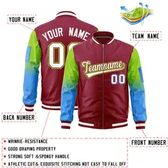 Crimson Neon Green-Powder Blue Full-Zip Letterman Bomber Jacket 2