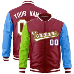 Crimson Neon Green Powder Blue Varsity Letterman Bomber Jacket Full-Zip Raglan Sleeves