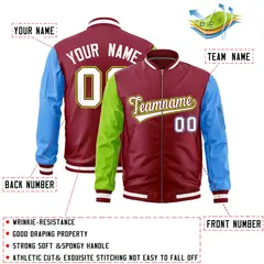 Crimson Neon Green Powder Blue Varsity Letterman Bomber Jacket Full-Zip Raglan Sleeves 2