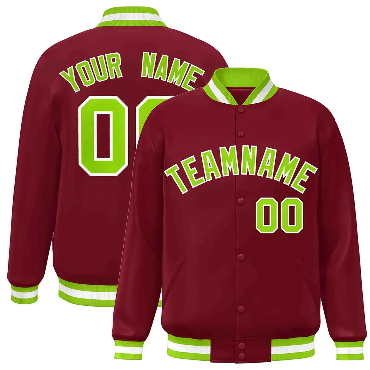 Crimson Neon Green-White Varsity Full-Snap Letterman Jacket