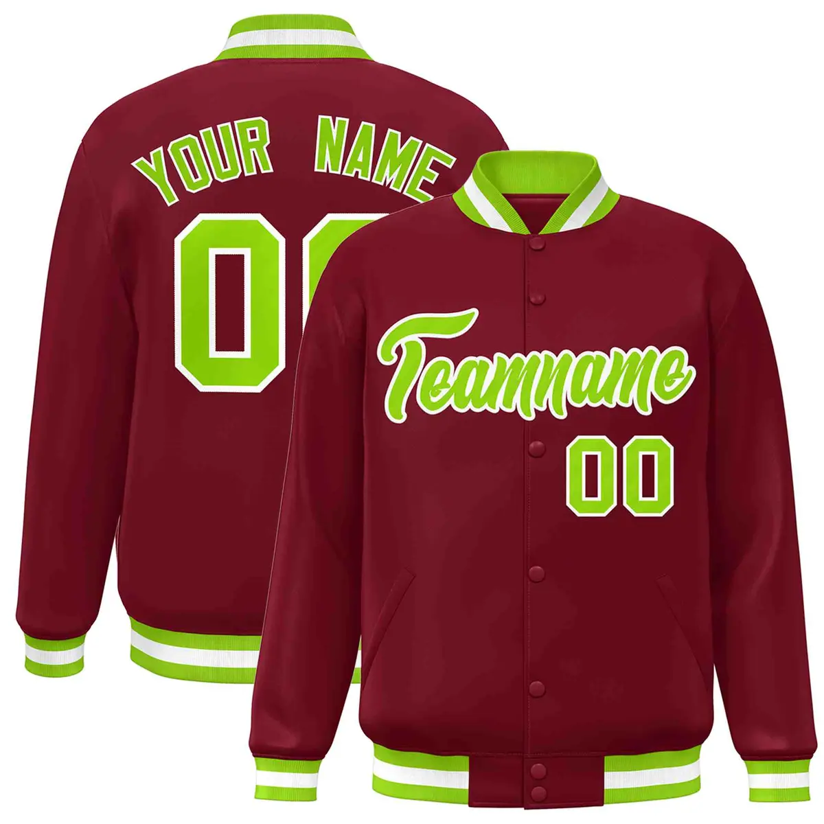 Crimson Neon Green-White Varsity Full-Snap Letterman Jacket