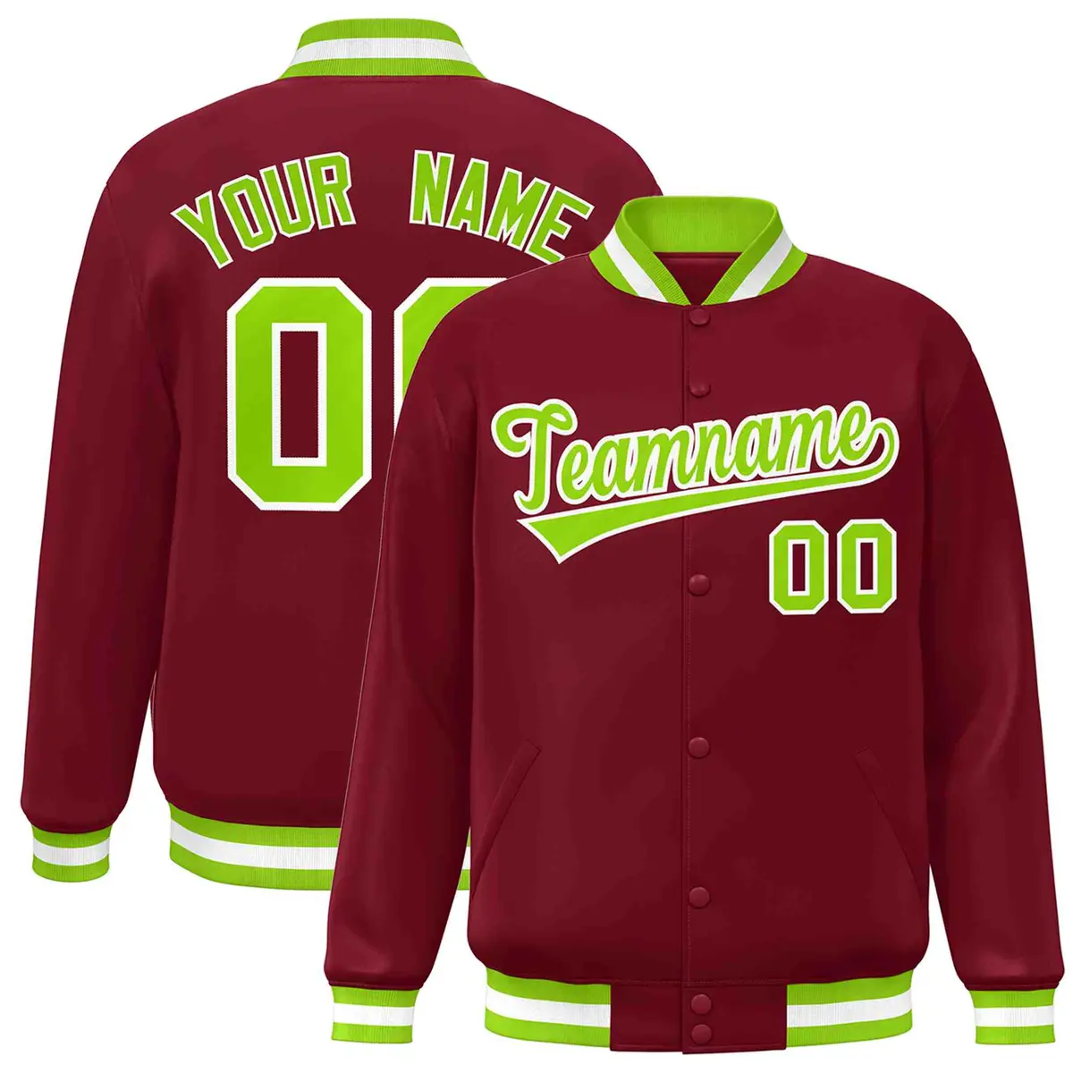 Crimson Neon Green-White Varsity Full-Snap Letterman Jacket