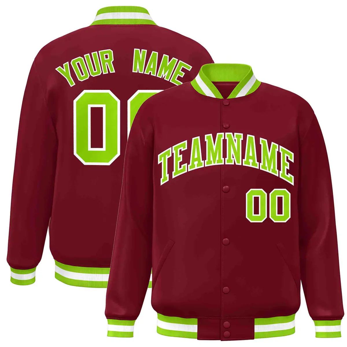 Crimson Neon Green-White Varsity Full-Snap Letterman Jacket