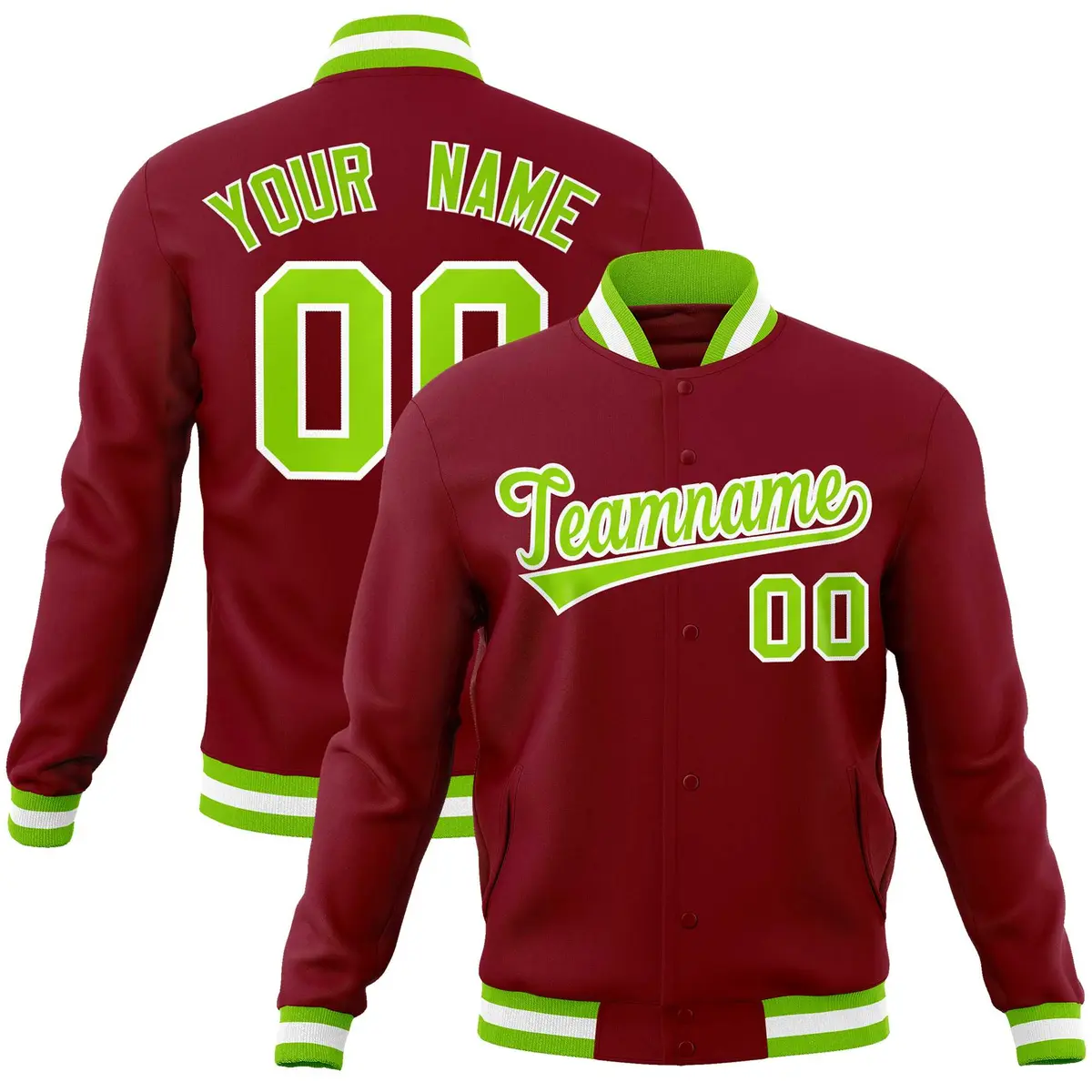 Crimson Neon Green-White Varsity Full-Snap Letterman Jacket