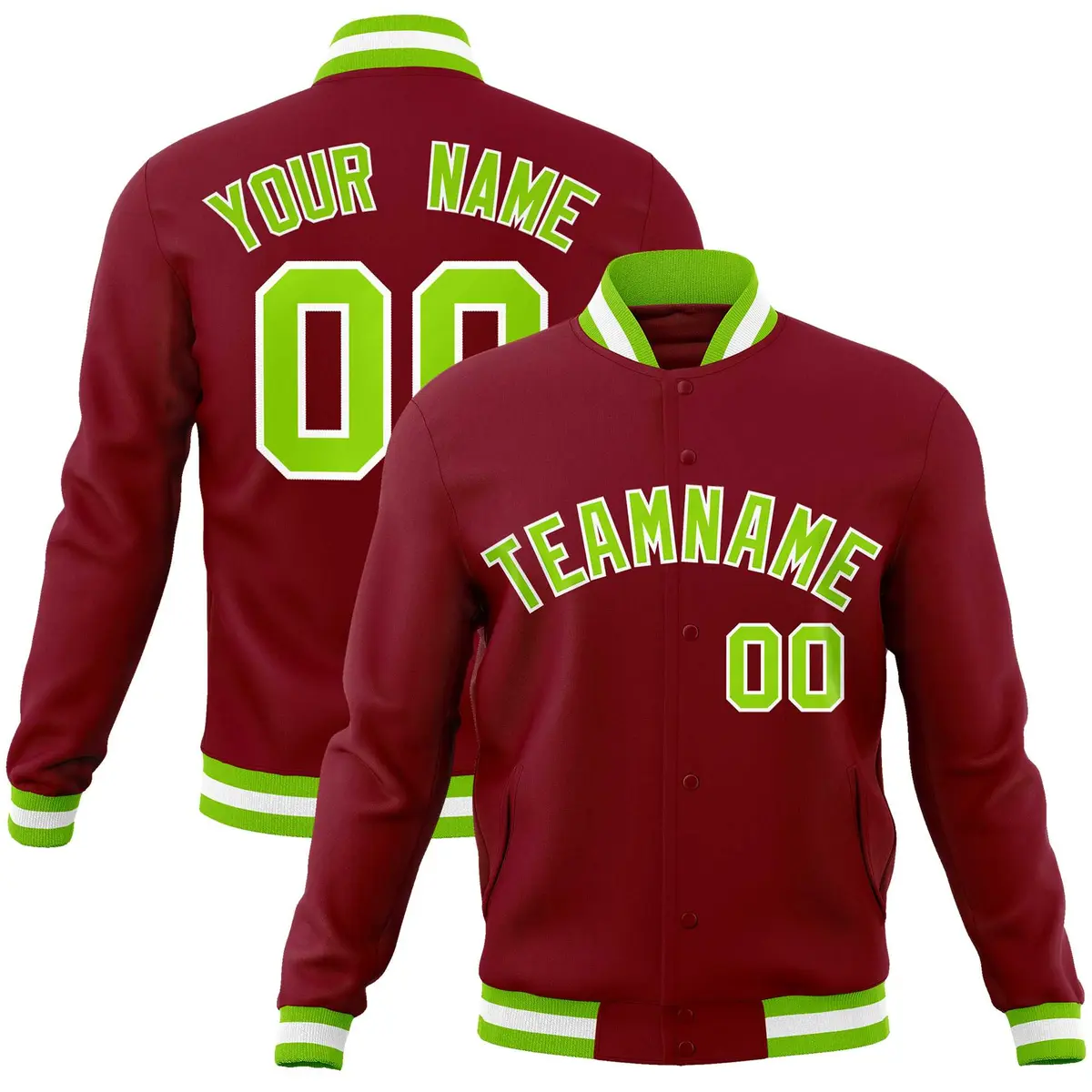 Crimson Neon Green-White Varsity Full-Snap Letterman Jacket
